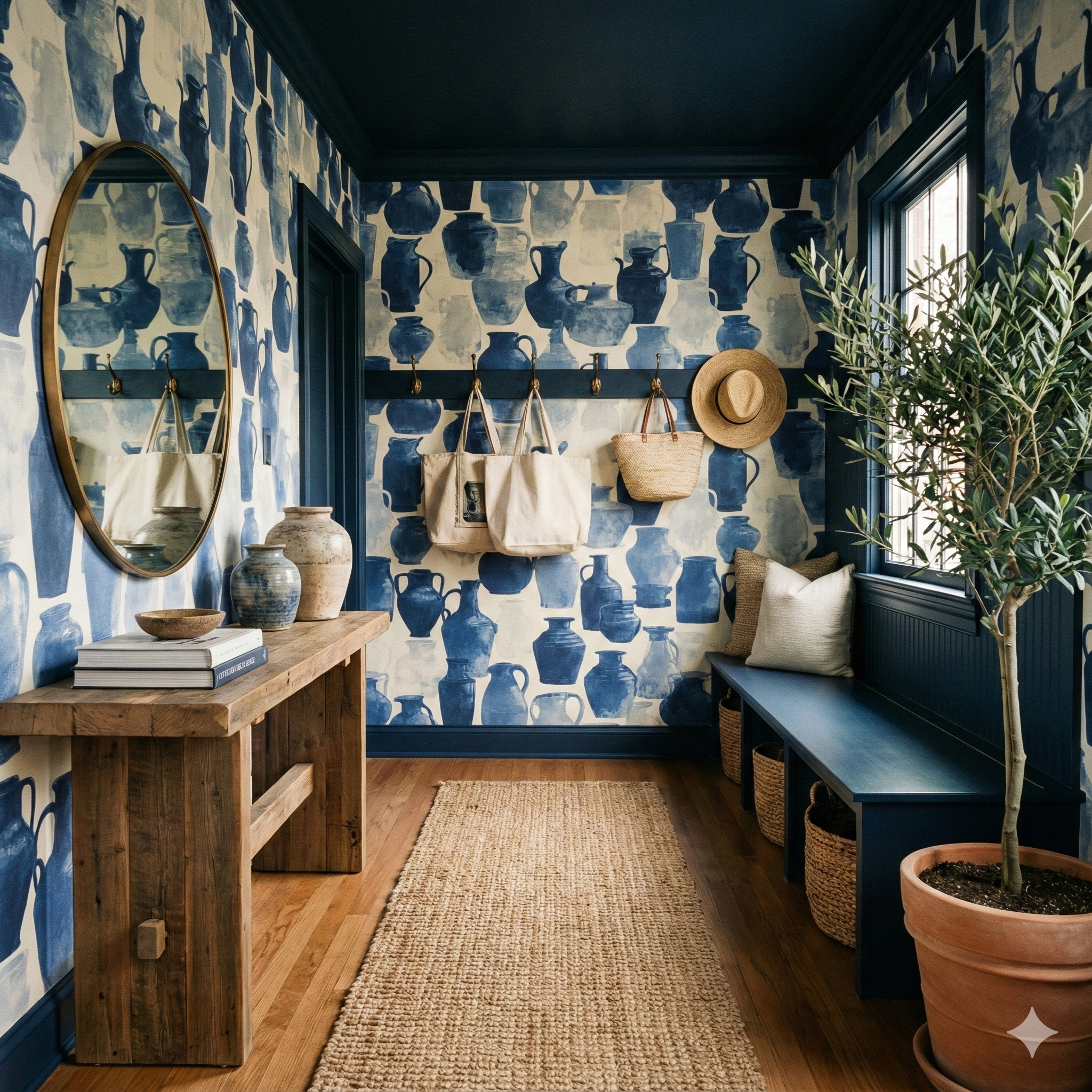 Blue and white patterned wallpaper with watercolor style jugs print, visible in a styled entryway.