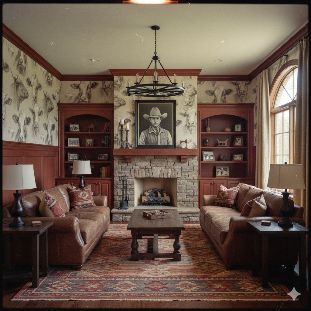Stillwater Herd Wallpaper with animal pattern on the living room walls.