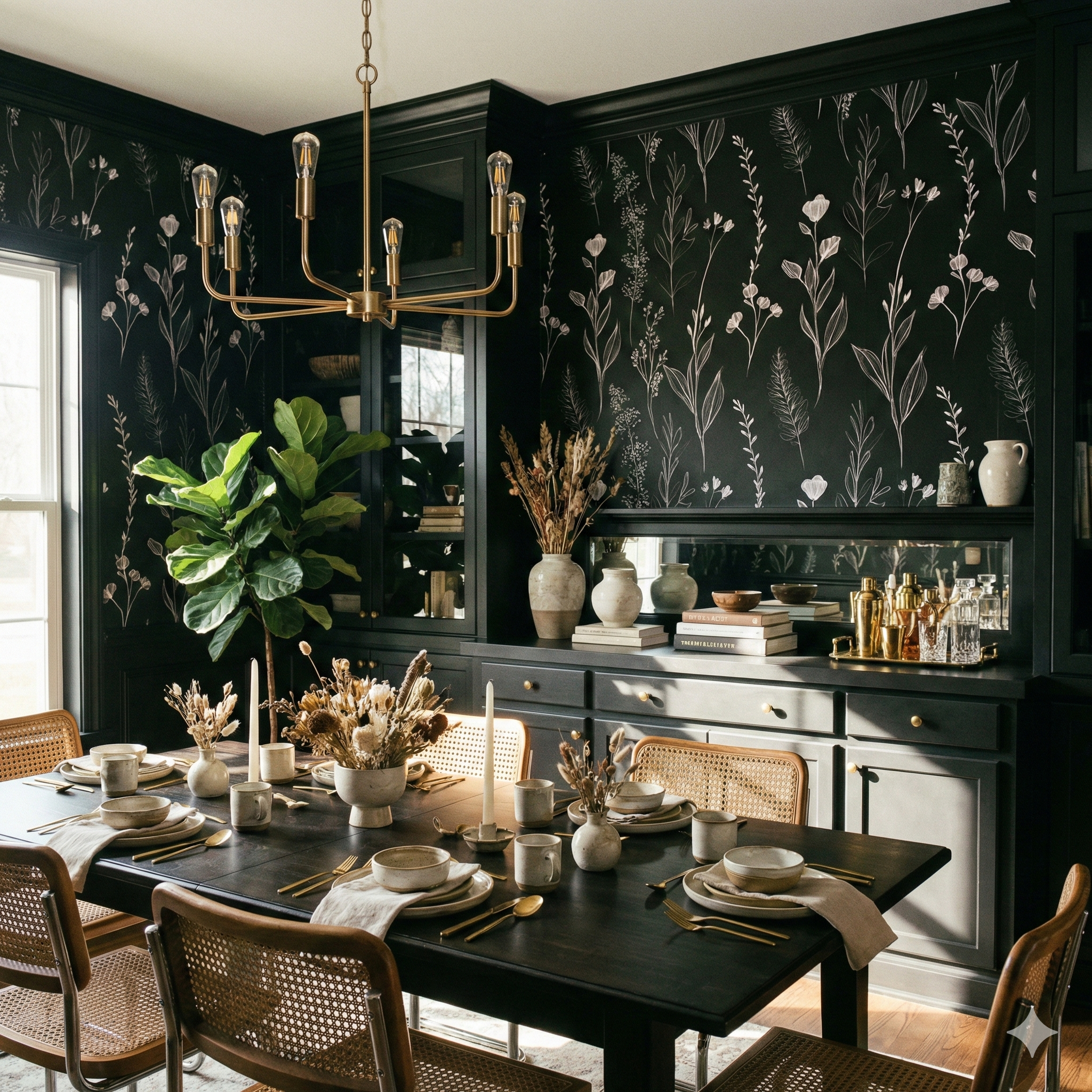 Black floral Stem Study Wallpaper with white botanical print, displayed in a dark dining room.