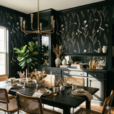 Black floral Stem Study Wallpaper with white botanical print, displayed in a dark dining room.
