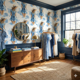 Blue and white Bluewater Sunday Wallpaper with a repeating dress pattern.