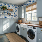 Blue heron wallpaper with avian pattern over blue wainscoting.