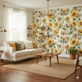 Sunflower Goldens Wallpaper featuring dogs and sunflower patterns on a cream backdrop.