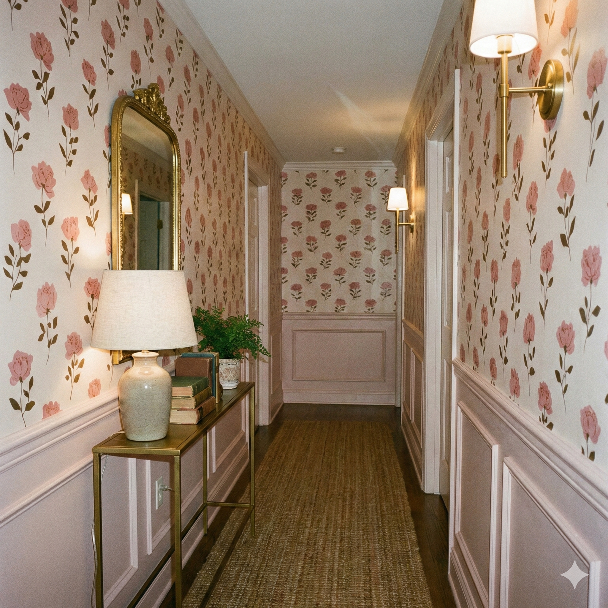 Petal Ledger Wallpaper with pink floral pattern on white background.