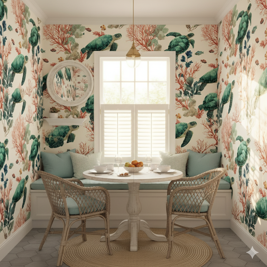 Coral Passage wallpaper with sea turtle and coral pattern, covering the walls of a small dining nook.