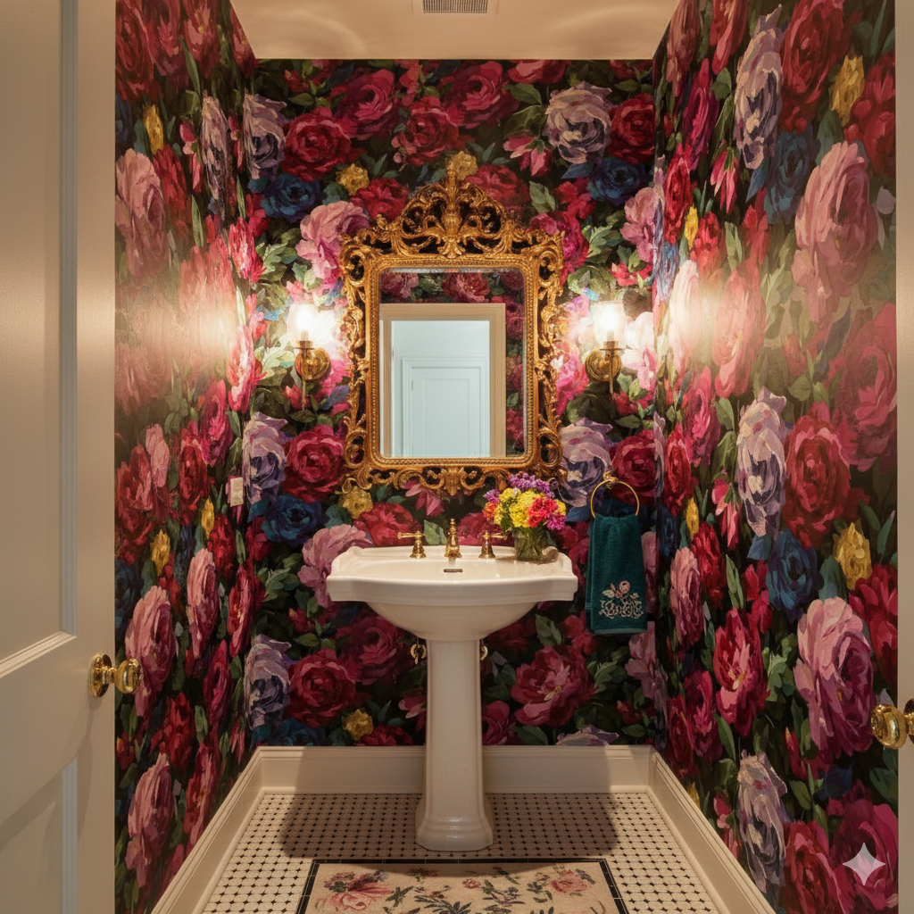 Floral rouge peony wallpaper with colorful roses by York Wallcoverings, covering a bathroom.