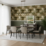 Mossfield Canvas Wallpaper with a khaki and olive pattern covering the wall above the green trim.