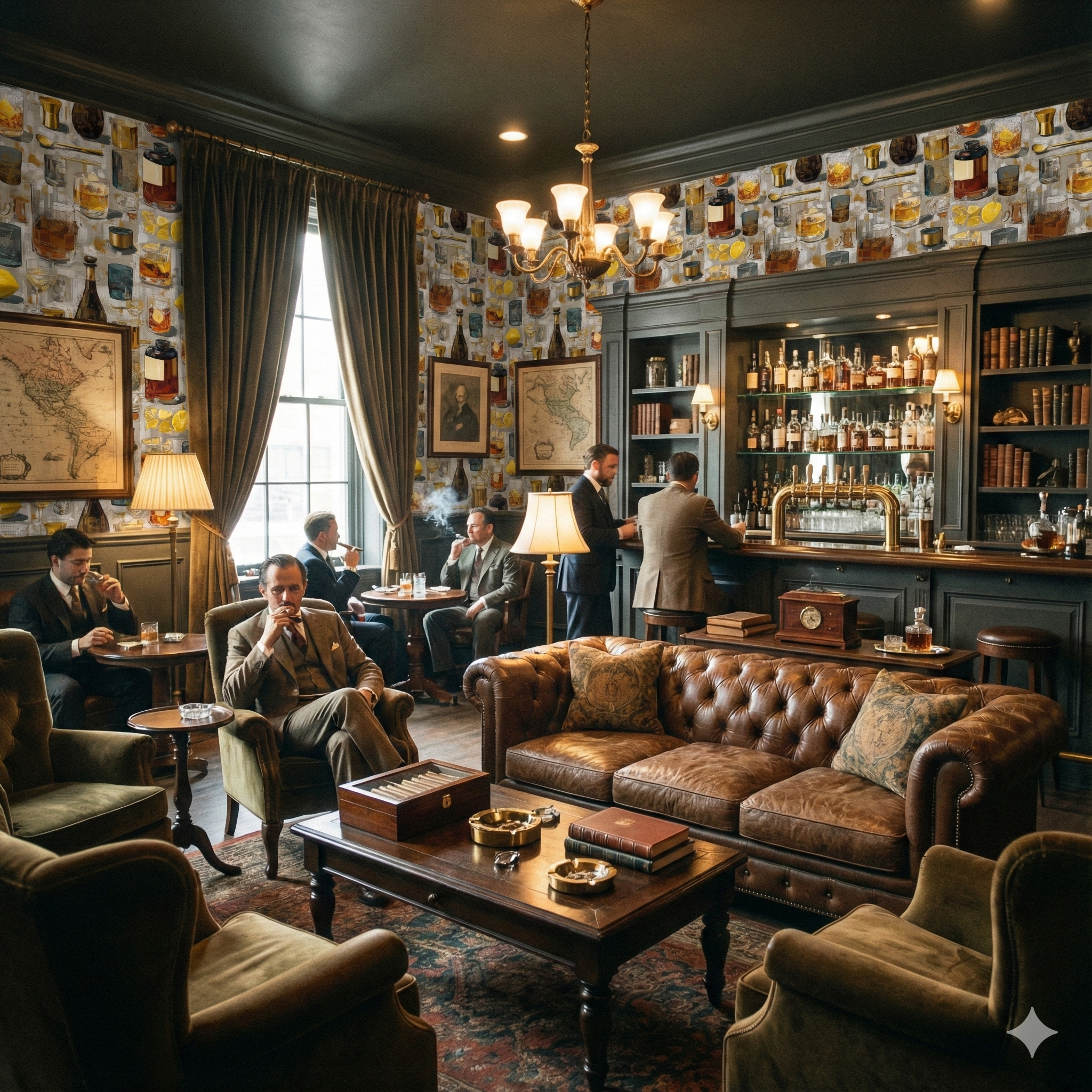 Highball Atelier Wallpaper with a cocktail glass pattern on the wall covering the room.