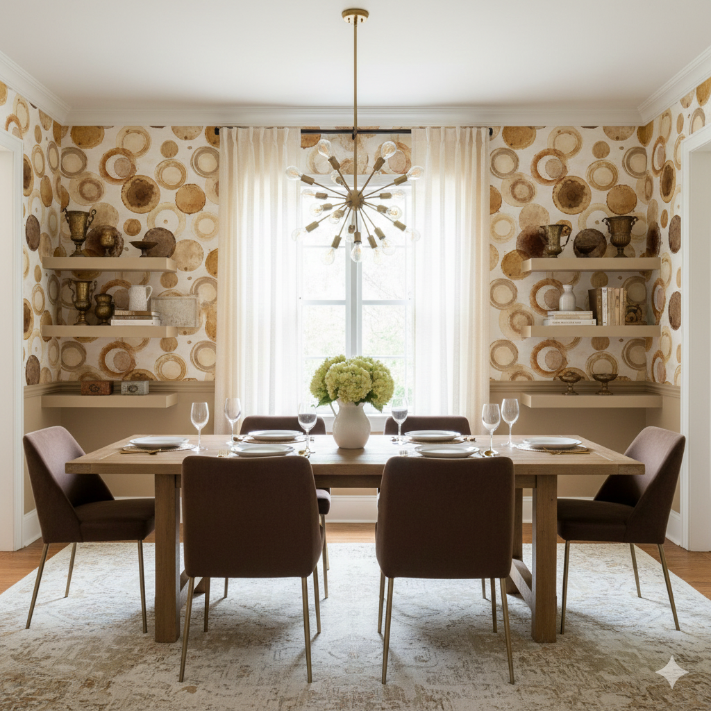 Mocha Rings Wallpaper with brown circular pattern on white background.