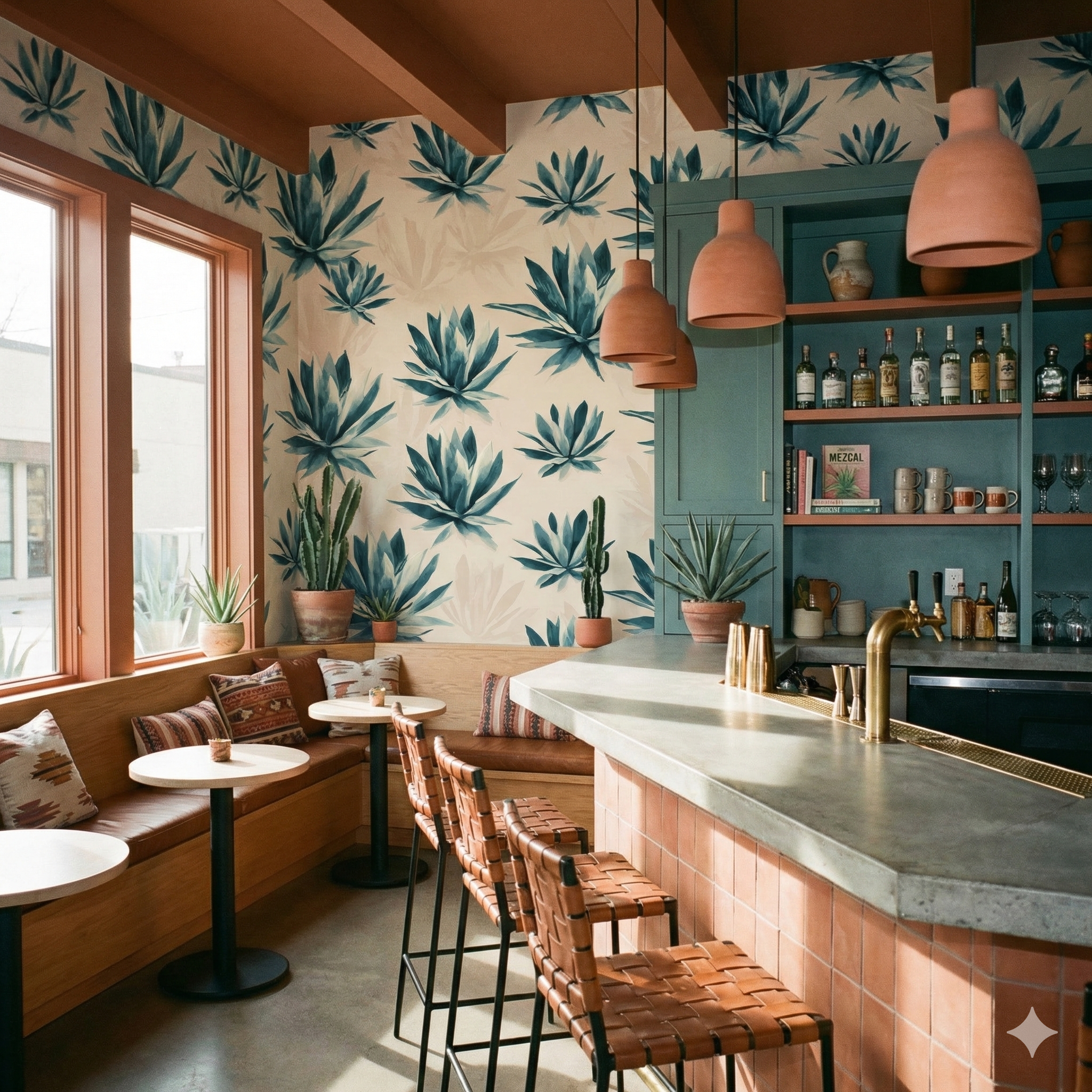 Agave Oasis Wallpaper with blue agave pattern on a neutral background.