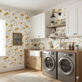 Sunpatch Dancers Wallpaper with yellow floral pattern on a white background.