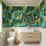 Palma Verde wallpaper with a lush monstera leaf pattern, covering the bathroom walls.
