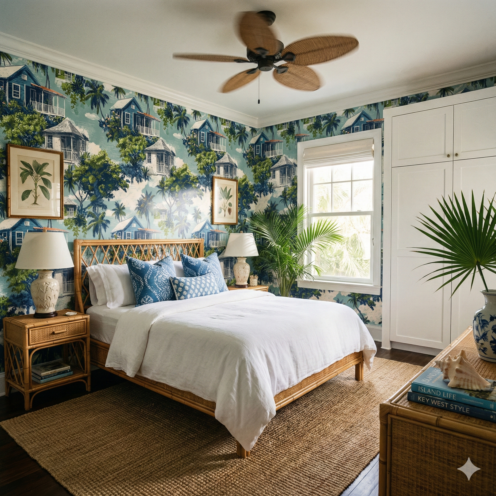 Conch House Reverie Wallpaper featuring blue houses and palm trees pattern, on the bedroom wall.