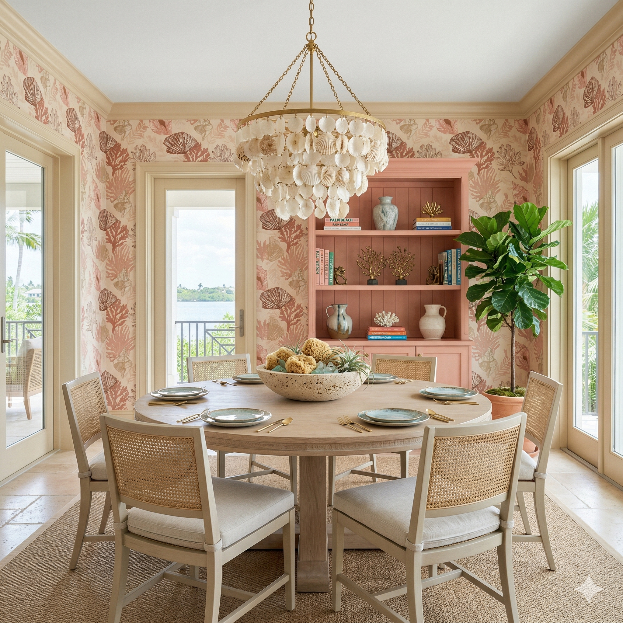 Coraline Etude wallpaper featuring seashell patterns, styled on walls in a dining room.
