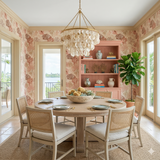 Coraline Etude wallpaper featuring seashell patterns, styled on walls in a dining room.
