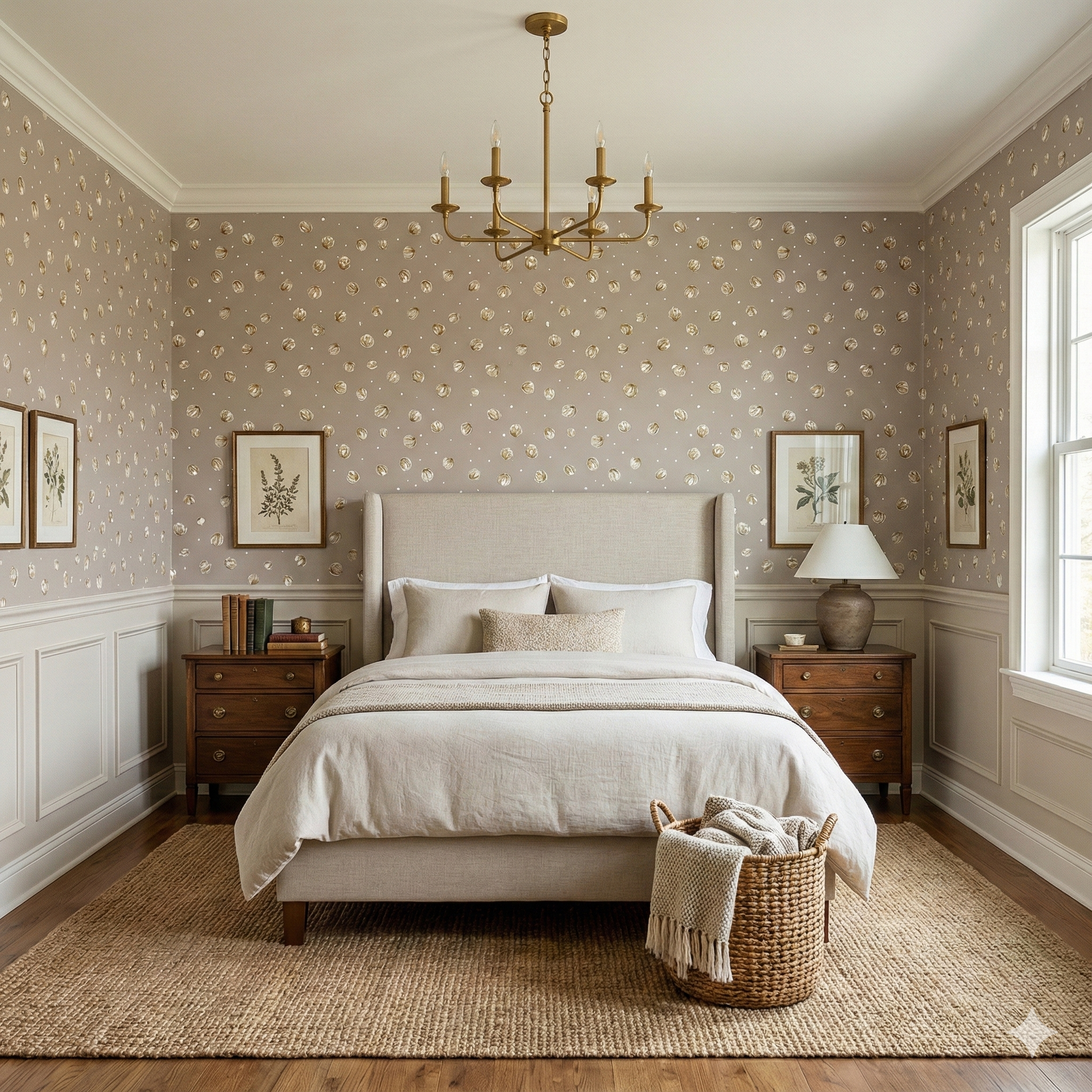Patterned wallpaper with gold petal motifs and white polka dots, styled in a bedroom.
