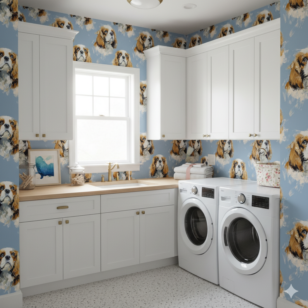 Larkspur Blue wallpaper with dog pattern, light blue backdrop with white brushstrokes.
