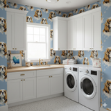 Larkspur Blue wallpaper with dog pattern, light blue backdrop with white brushstrokes.
