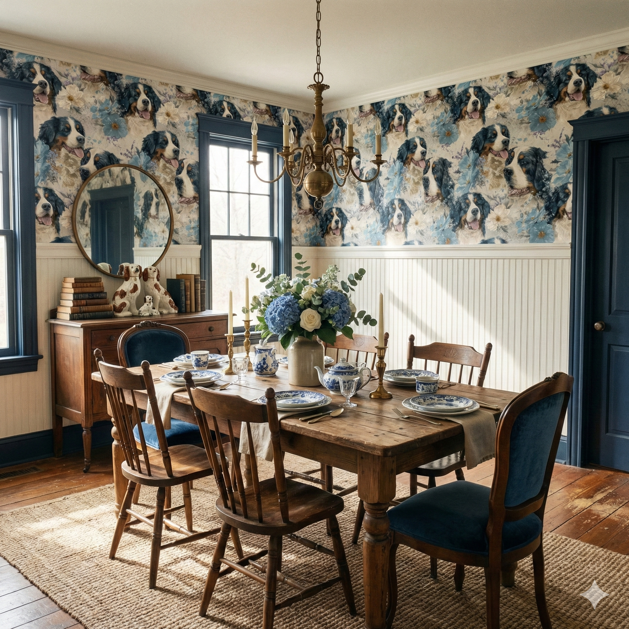 Alpine Elysium Wallpaper featuring dog and floral pattern over wainscoting in a dining room setting.