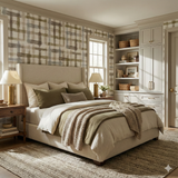 Brackenhold Check Wallpaper with an earthy plaid pattern covering a bedroom wall.