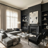 Black reptile textured wallpaper with dark built-in shelves, fireplace, and abstract artwork.
