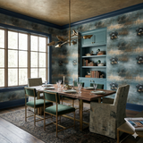 Brackenmoor Still wallpaper by Brewster Home Fashions featuring dogs swimming in water, patterned in a dining room.
