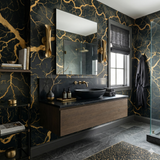 Gilded Faultline wallpaper with gold veining against black, in a luxurious bathroom setting.