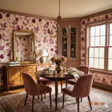 Floral Rosemont Ledger Wallpaper with blush and mauve flowers on cream, covering a dining room wall.