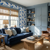 Blue Heron Reserve Wallpaper with blue bird pattern on a white textured wall.