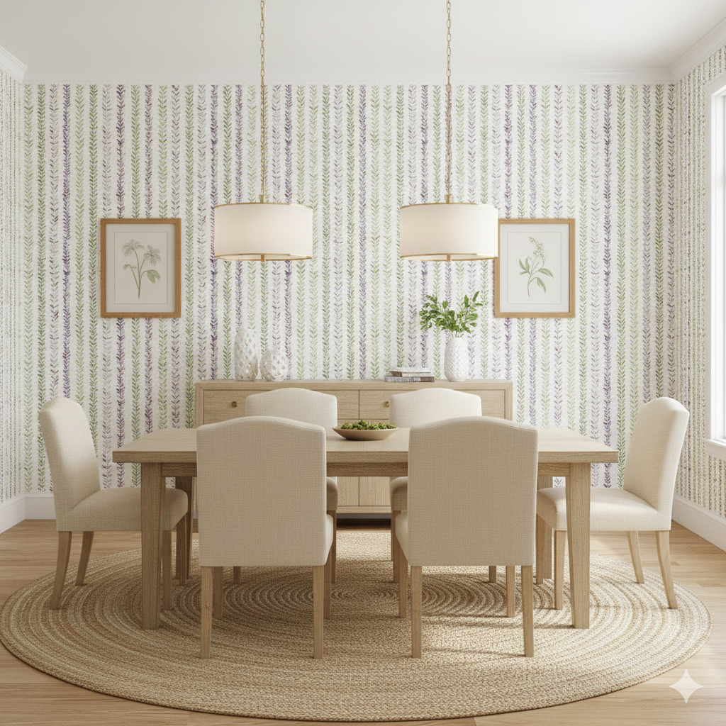 Lavender trellis wallpaper featuring vertical rows of green and purple leaves.
