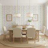 Lavender trellis wallpaper featuring vertical rows of green and purple leaves.
