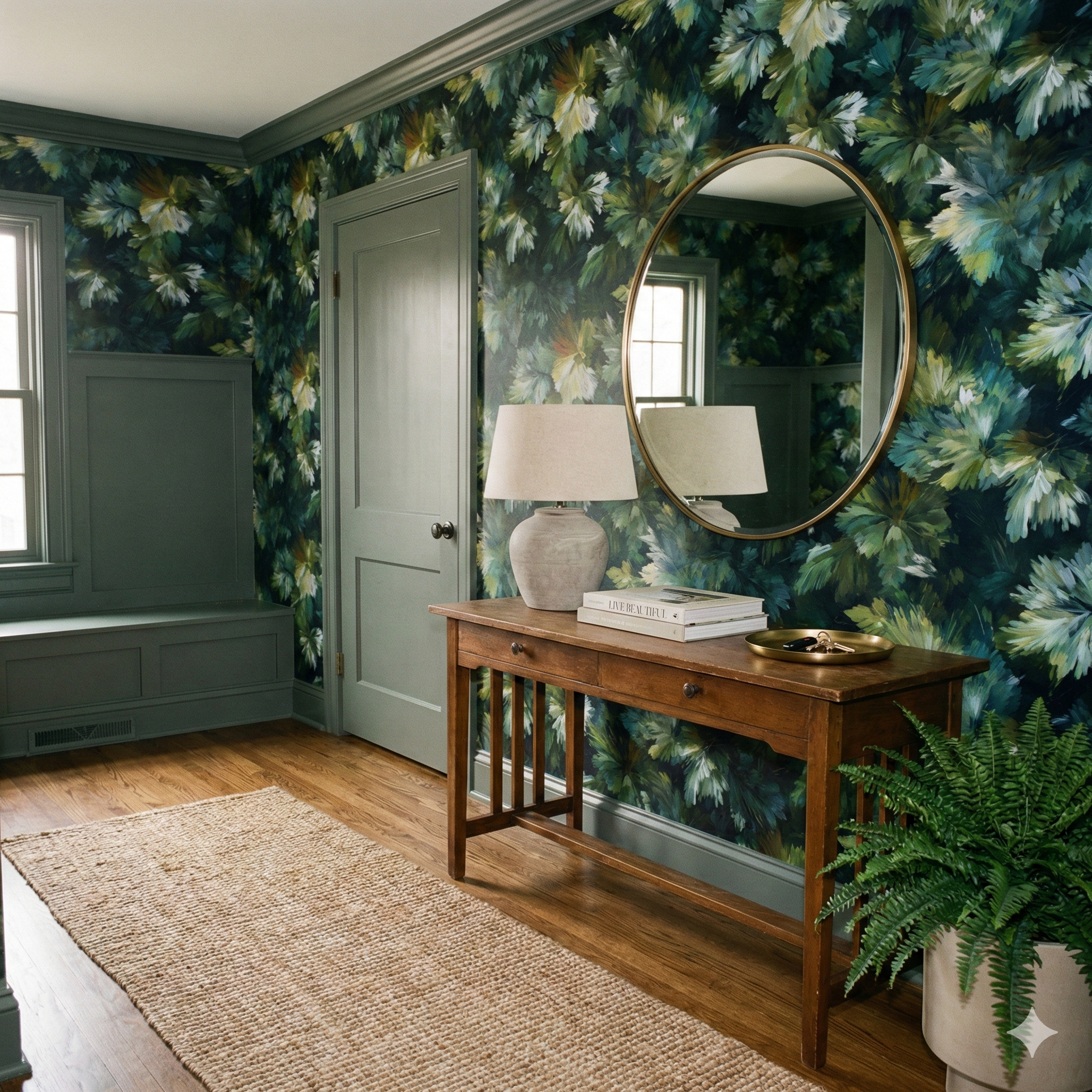 Fernvale Draft wallpaper with a leaf pattern by York Wallcoverings, covering the interior wall.