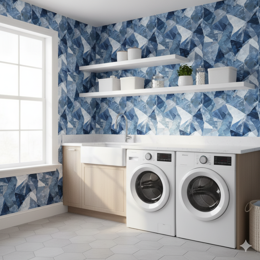 Blue geometric Frostvein Wallpaper with a faceted pattern, covering a laundry room wall.