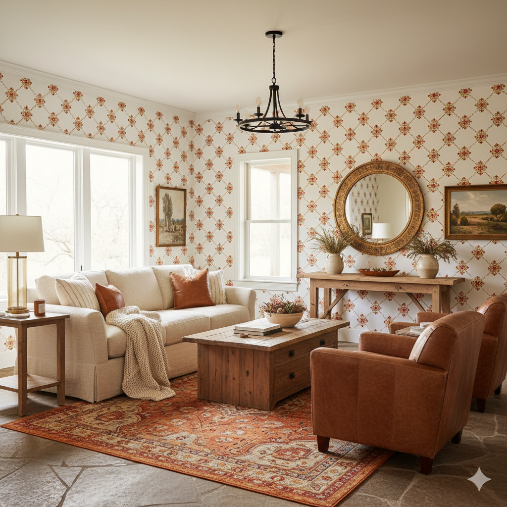 Santa Fe Lattice Wallpaper with red and cream lattice pattern on white background.