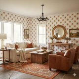 Santa Fe Lattice Wallpaper with red and cream lattice pattern on white background.