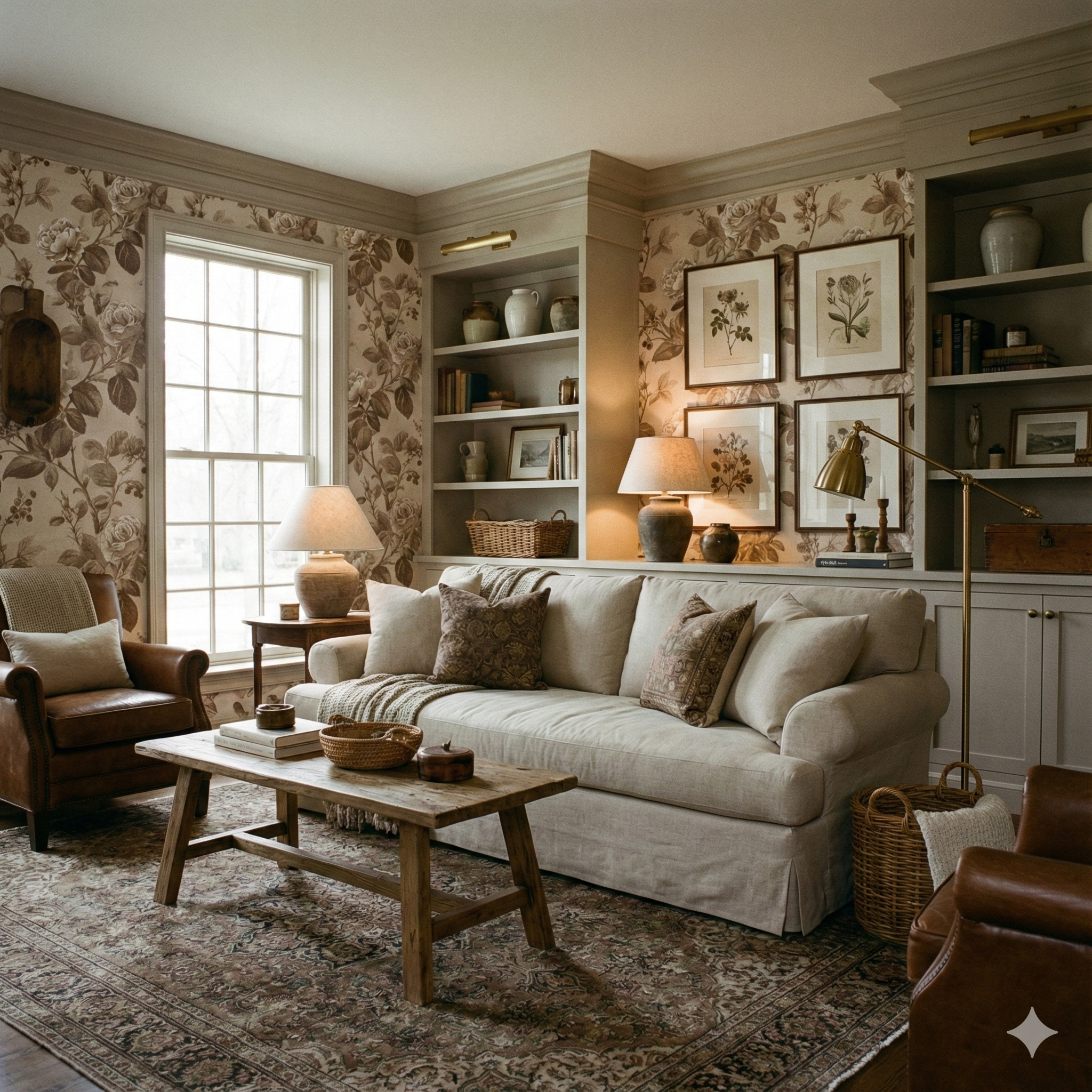 Botanical wallpaper with brown floral pattern, textured finish and traditional style.