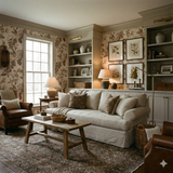 Botanical wallpaper with brown floral pattern, textured finish and traditional style.