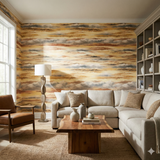 Sunbaked strata wallpaper with a watercolor cloud pattern in gold and brown hues.