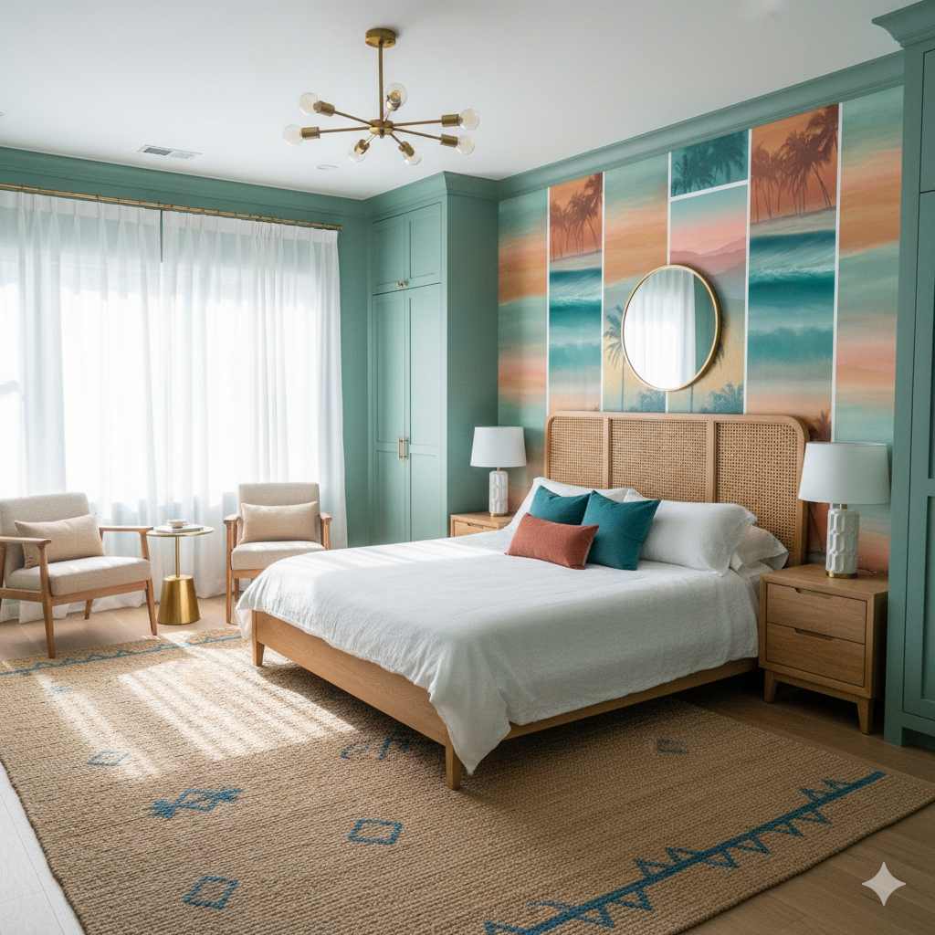 Pacific Mirage wallpaper with ocean and palm tree design, in a bedroom setting.
