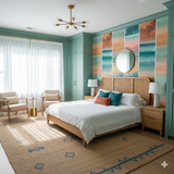 Pacific Mirage wallpaper with ocean and palm tree design, in a bedroom setting.
