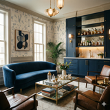 Tonic Sketches Wallpaper with botanical illustrations on a light backdrop, covering a living room wall.