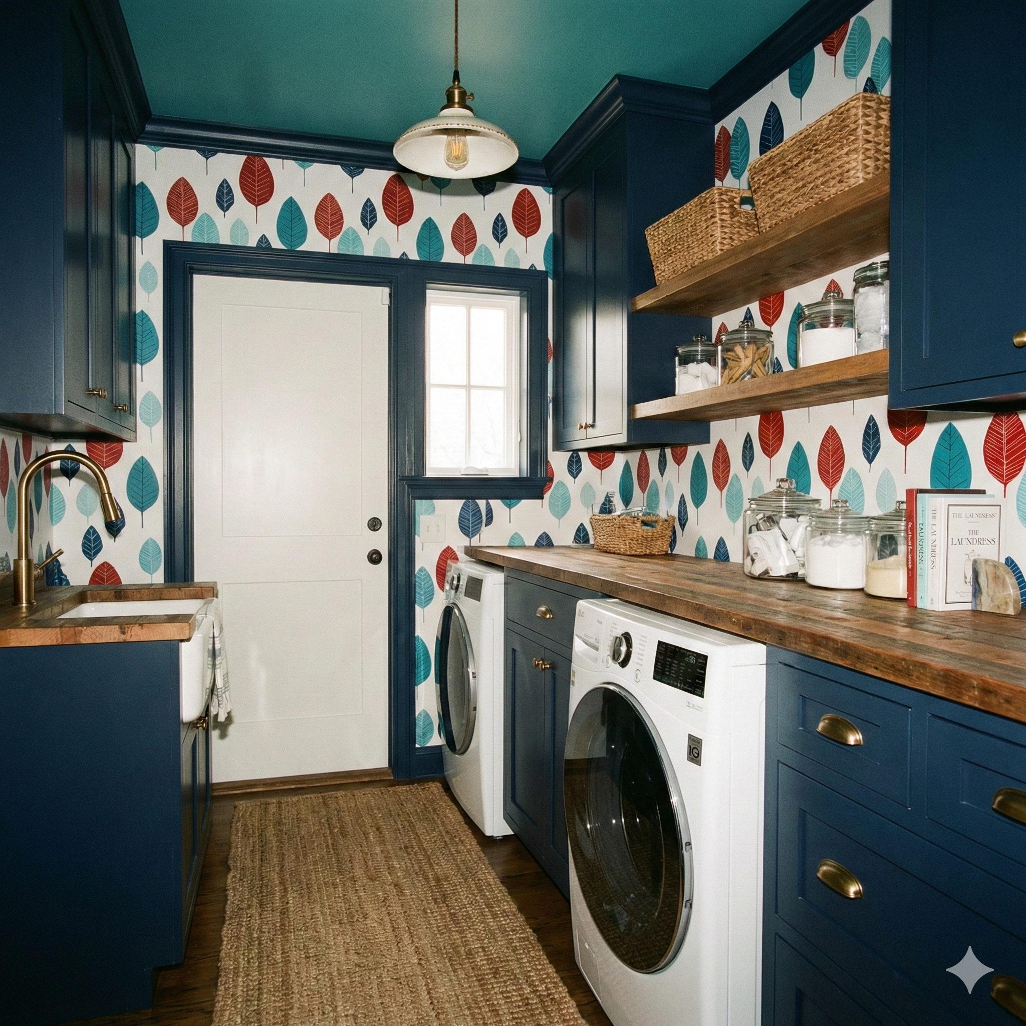 Leaf pattern wallpaper with indigo trim, in a laundry room with butcher block countertop and white front load washer.