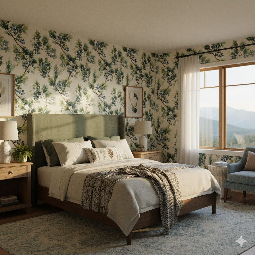 Bitterberry Field Wallpaper featuring a botanical pattern on an accent wall behind a bed.
