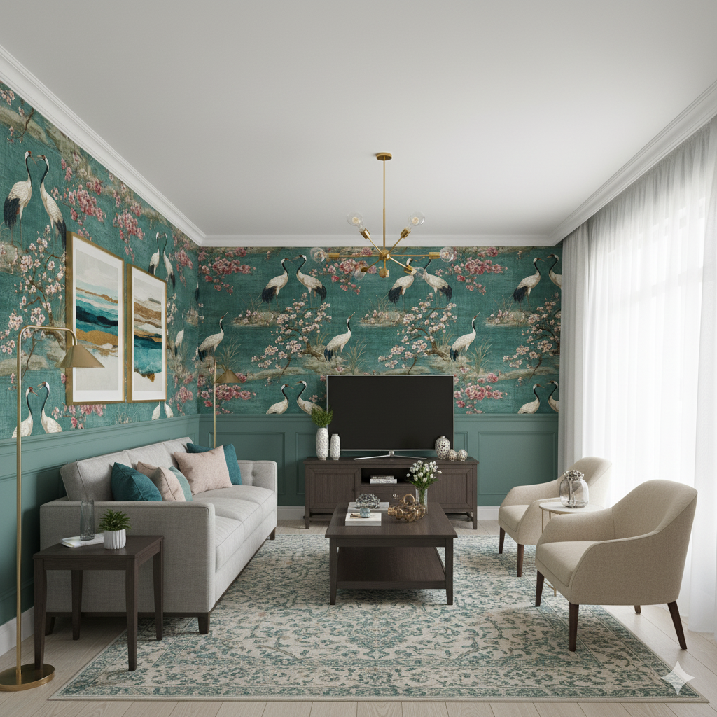 Song of the Crane wallpaper with a crane and cherry blossom pattern, on a teal wall.
