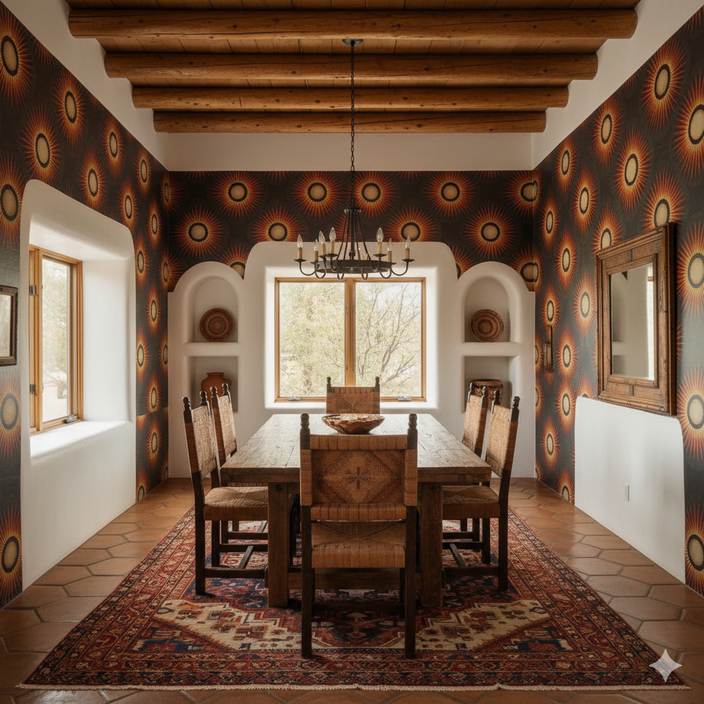Solaris Crown wallpaper with sunburst pattern over black background, on the walls of a dining room.
