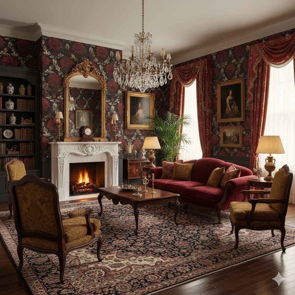 Red monastery wallpaper with floral designs and ornate details, displayed in a traditionally styled room.