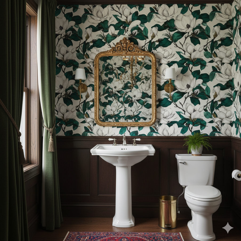 Magnolia-patterned Savannah Row Wallpaper with green leaves on an off-white background, above dark-stained wainscoting.