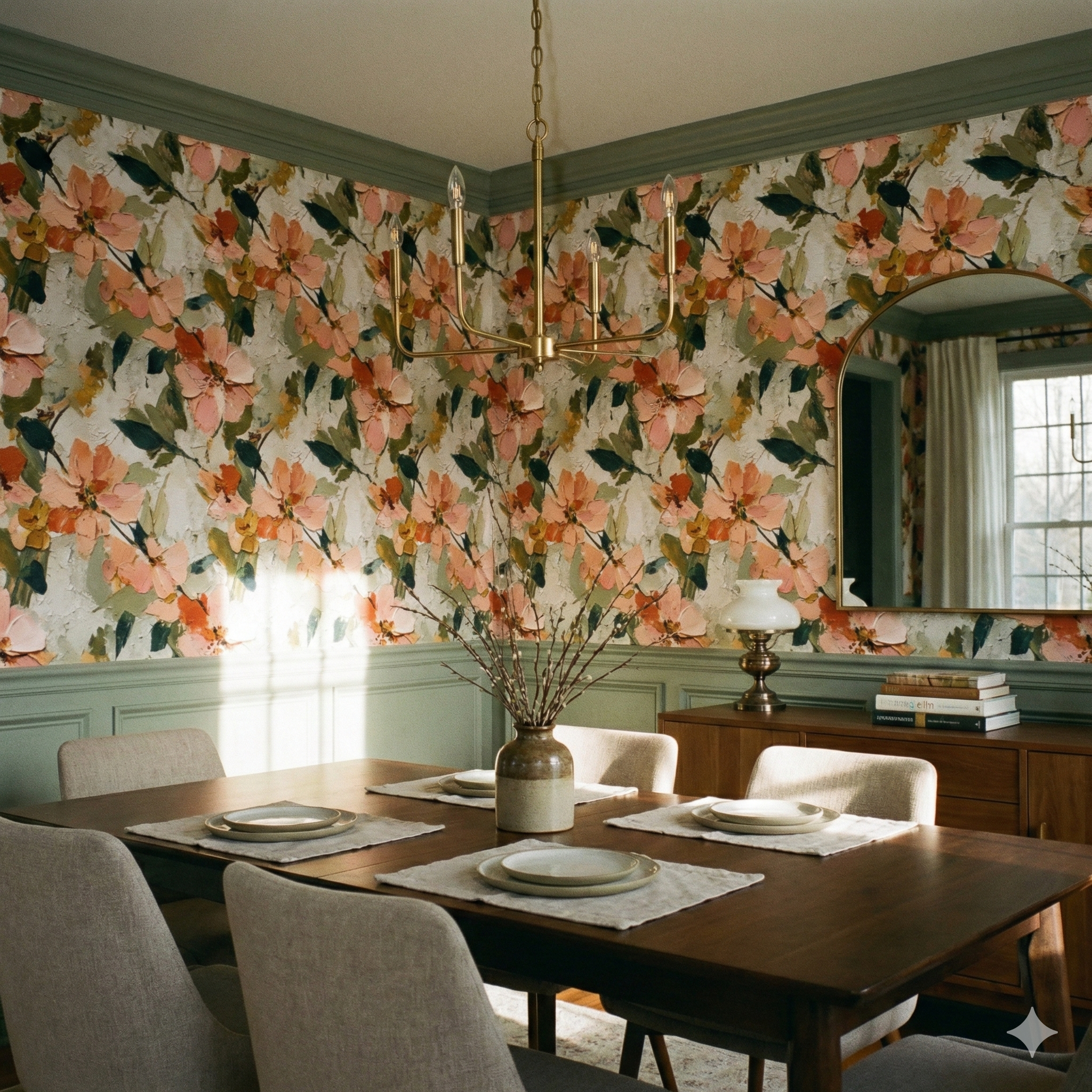Floral Garden Oil Sketch Wallpaper with abstract pattern, featuring green trim.
