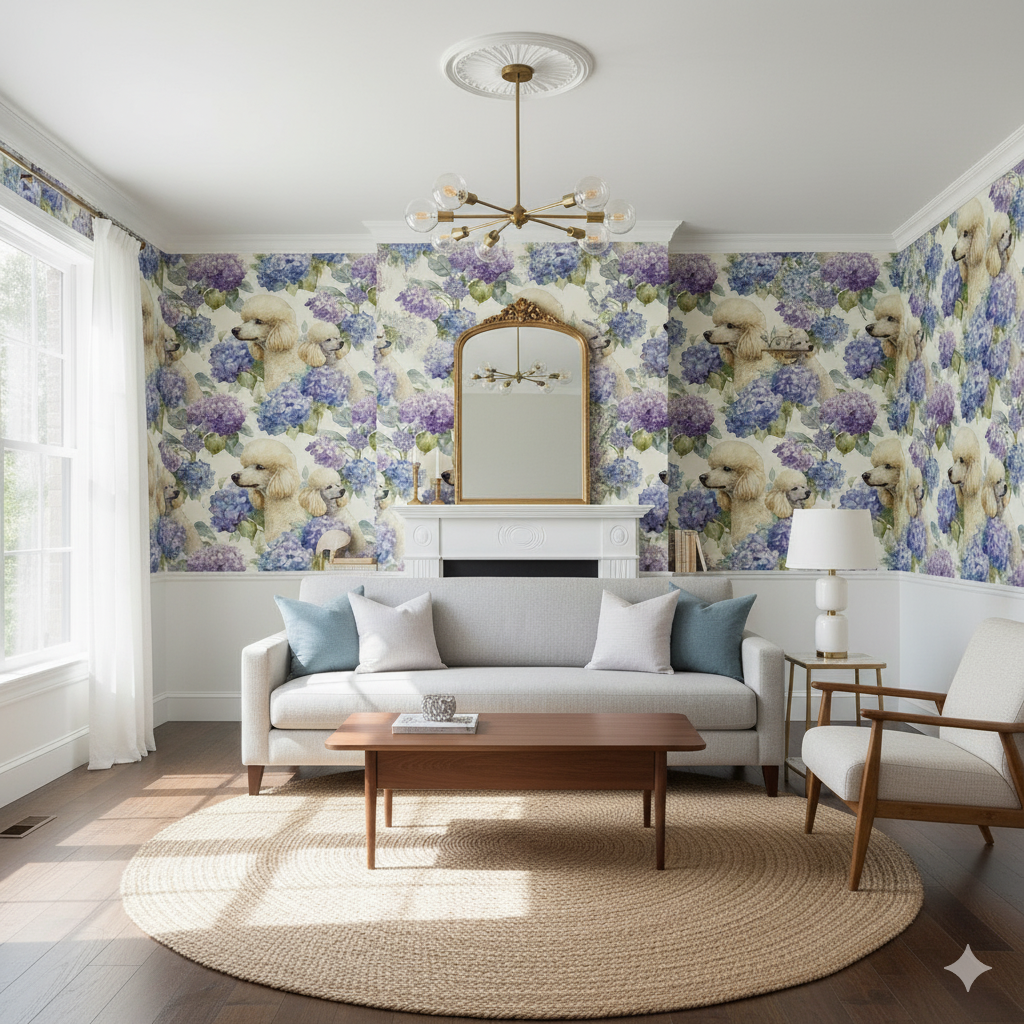 Floral wallpaper with poodle dog print by Seabrook Designs, covering the walls of a living room.
