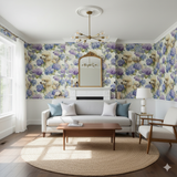 Floral wallpaper with poodle dog print by Seabrook Designs, covering the walls of a living room.
